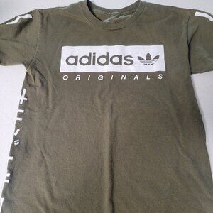 Men’s Adidas Originals Green Tee Shirt Box Logo Stripe Japanese Sz. Small